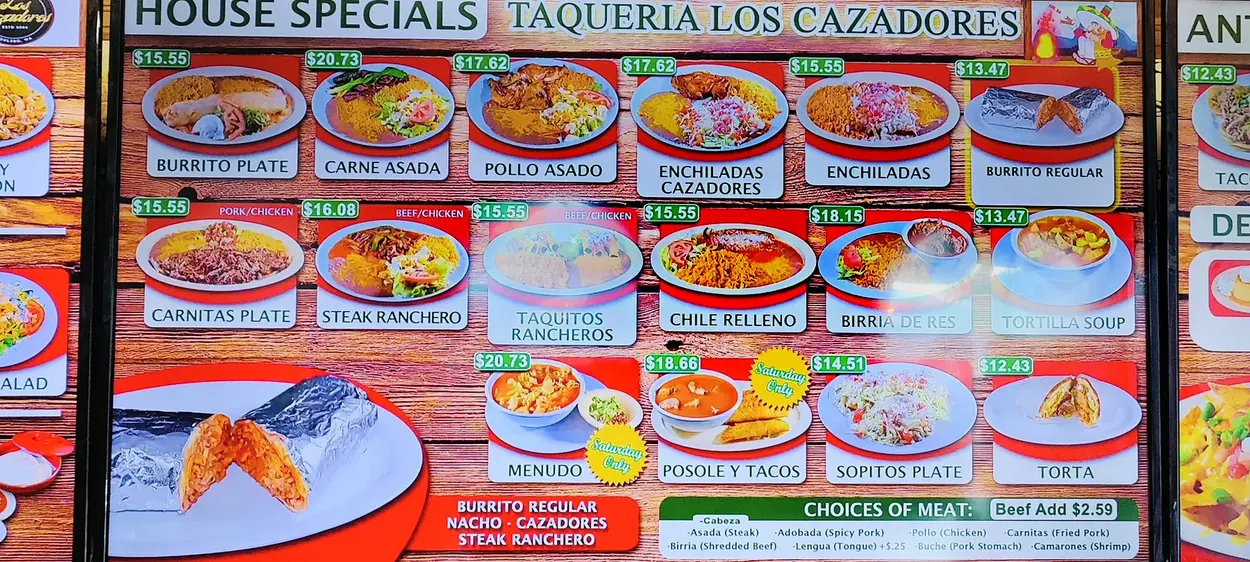 Taqueria Los Cazadores menu board — House Specials