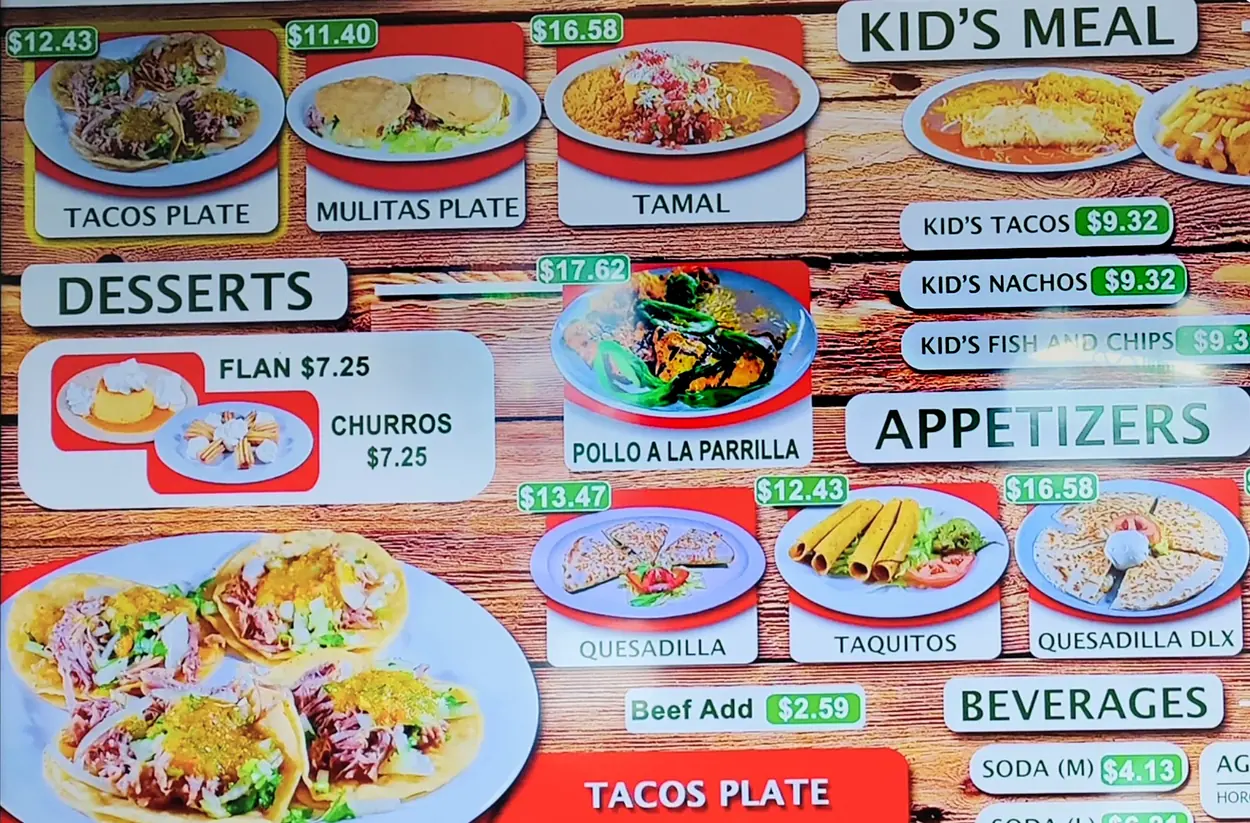 Taqueria Los Cazadores menu board — Antojitos, Desserts, Kid&rsquo;s Meal, Appetizers & Beverages